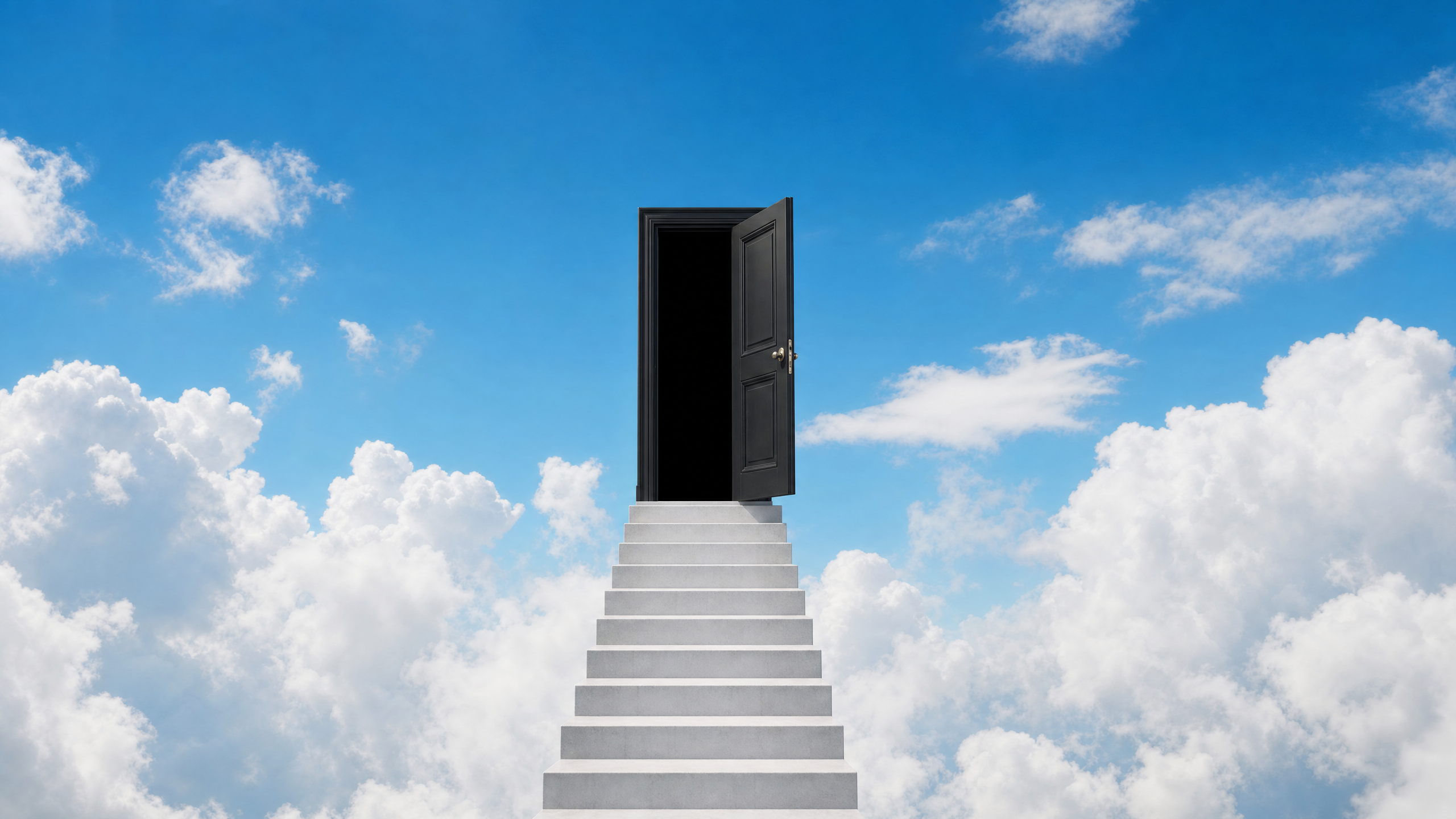 A black door at the top of a staircase in a painted blue sky.