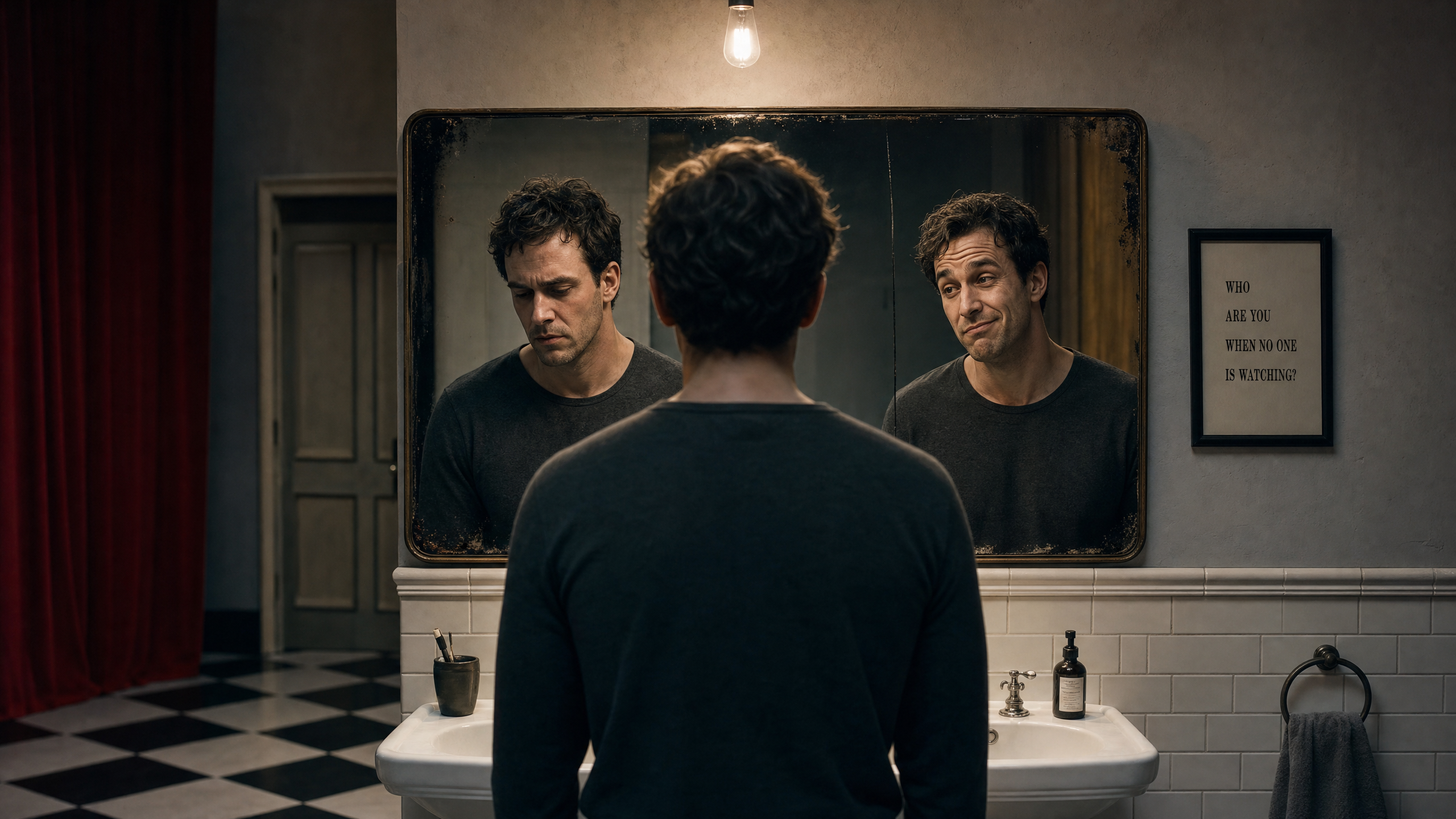 Truman looking at himself in a mirror, fractured.