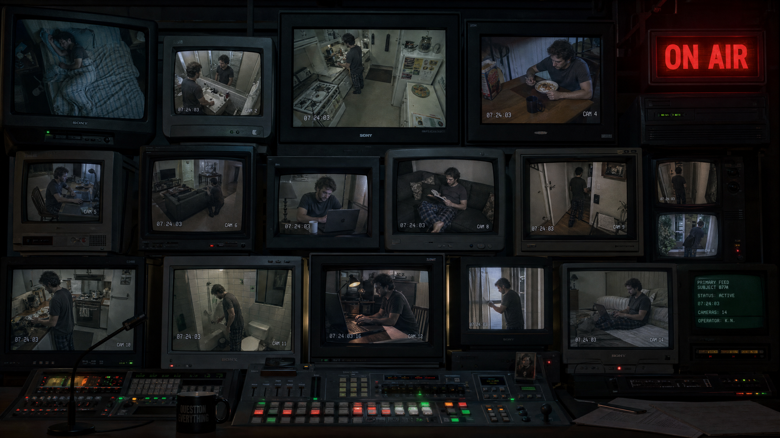 A wall of monitors showing every angle of Truman's life from a control room.