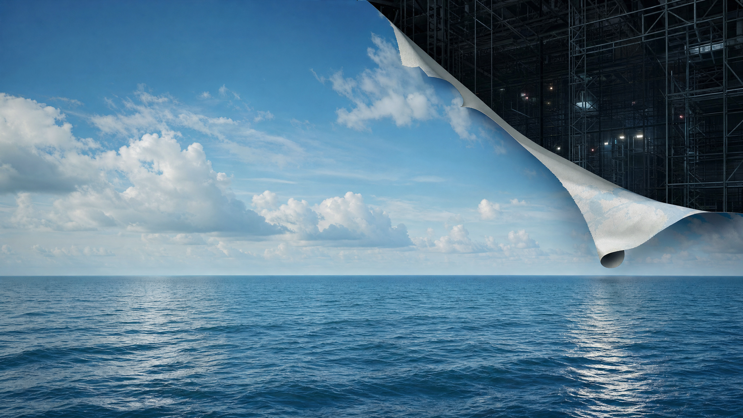 The horizon peels back to reveal scaffolding: a sound stage behind the sky.