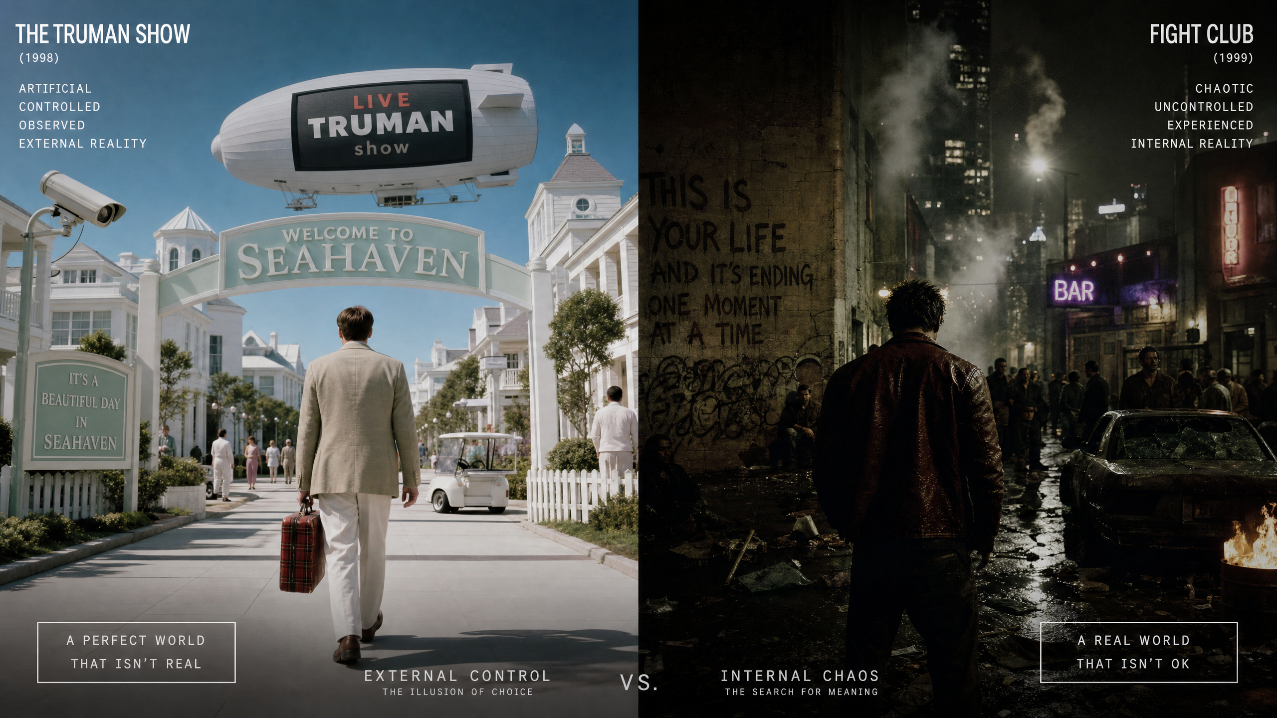 Split visual: Truman Show on the left, Fight Club on the right.